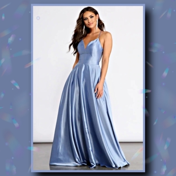 Windsor Dresses & Skirts - Evening Gown – Windsor – Slate Blue – Satin A‑Line Lace‑Up Back Maxi – Sz 5